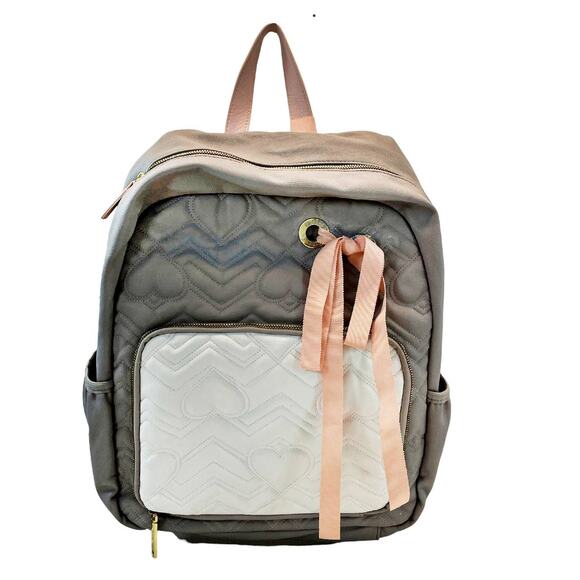 Betsey Johnson Handbags - Betsey Johnson Gray Pink White Quilted Heart Backpack Ribbon Girly *READ*